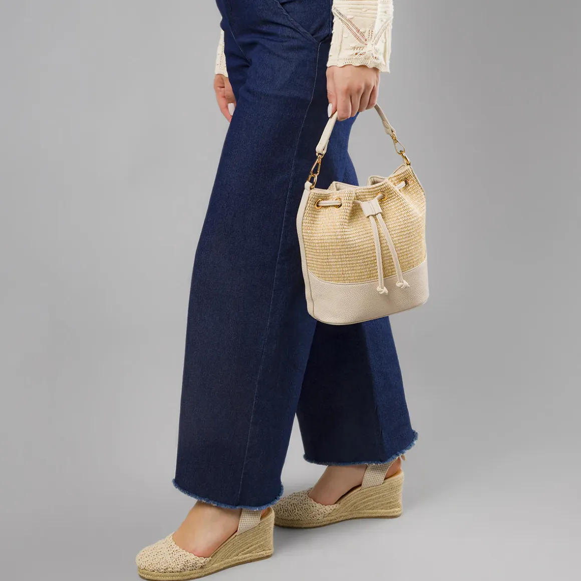 Borsa secchiello da Donna beige effetto paglia Lora Ferres