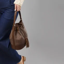 Borsa secchiello marrone da Donna effetto intrecciato Lora Ferres