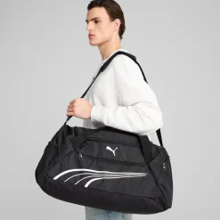 Borsone sportivo nero con tasche e tracolla con logo Puma Phase