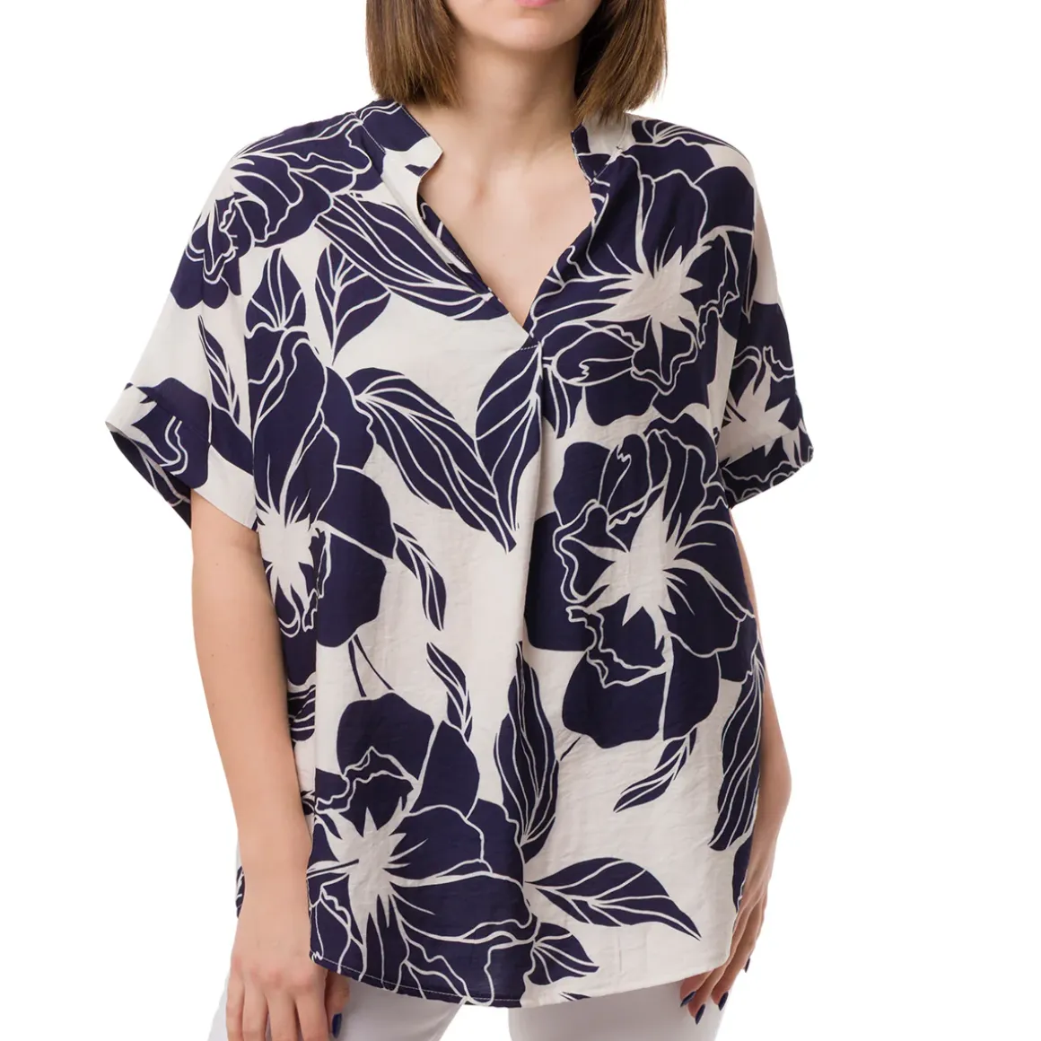 Camicia Blu da Donna con collo alla Coreana e fantasia floreale Swish Jeans