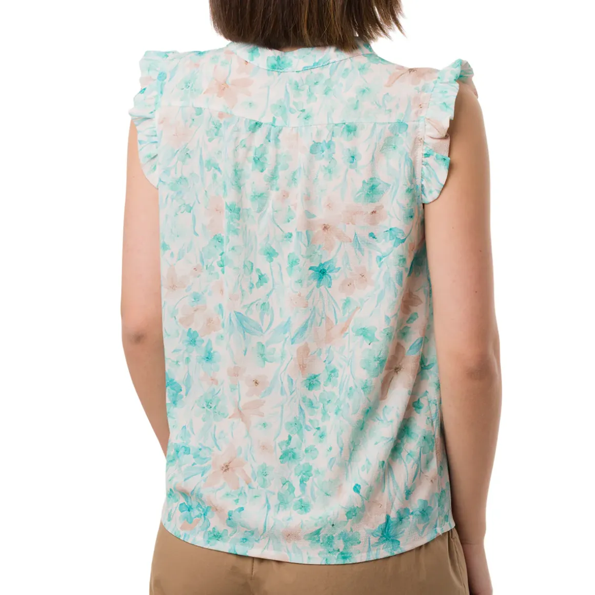 Camicia smanicata bianca da Donna con fantasia floreale e rouches Swish Jeans