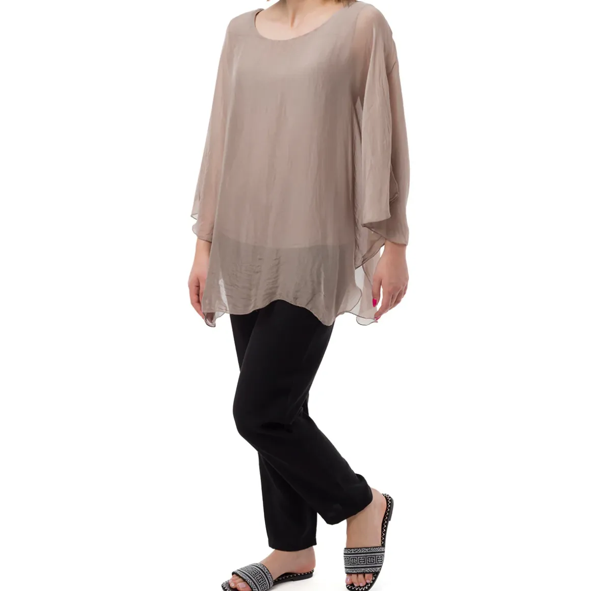 Camicia Taupe a Maniche Corte da Donna Semi Trasparente con Fodera Swish Jeans