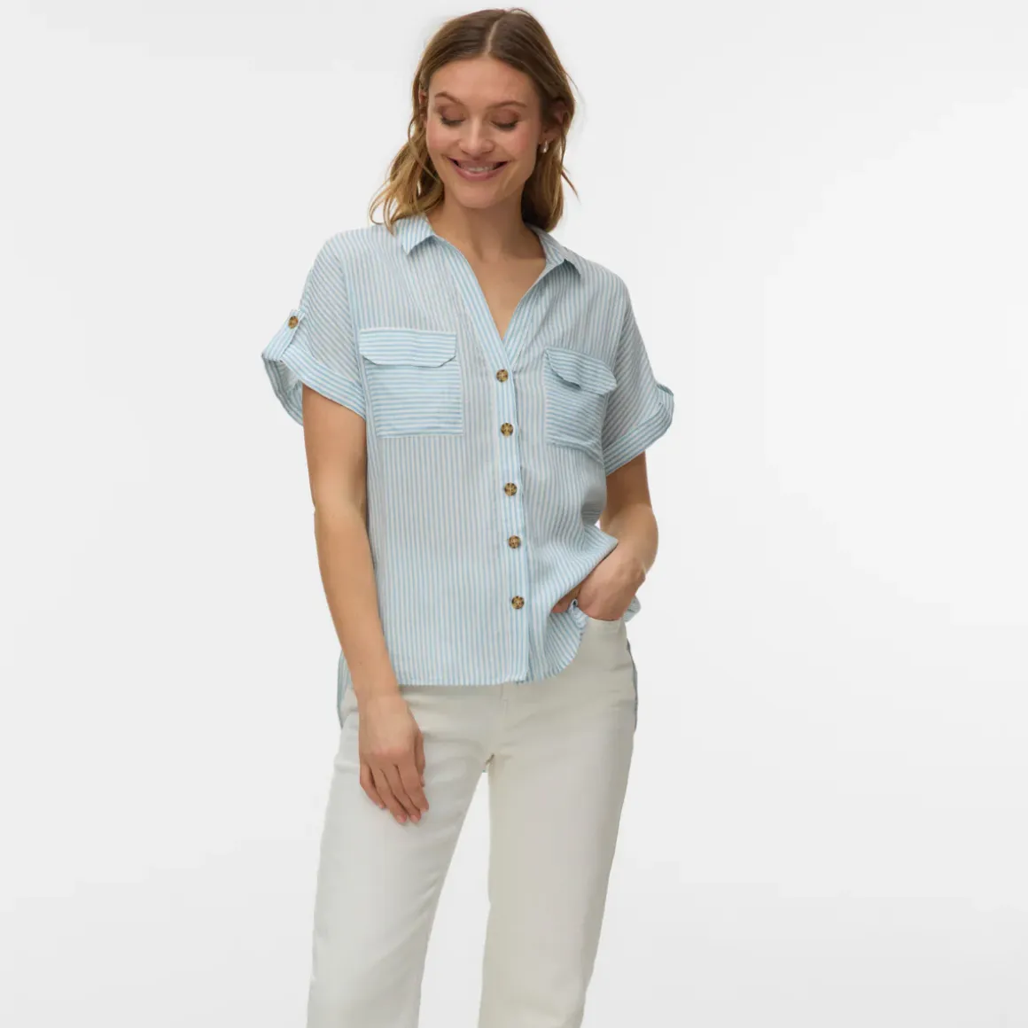 Camicia t-shirt da Donna a righe bianche e azzurre Vero Moda