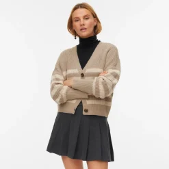 Cardigan da Donna beigee bianco a righe con scollo a V Vero Moda