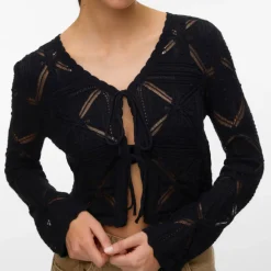 Cardigan estivo nero Donna con lacci effetto crochet Vero Moda