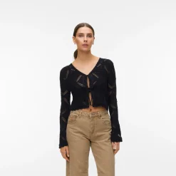 Cardigan estivo nero Donna con lacci effetto crochet Vero Moda