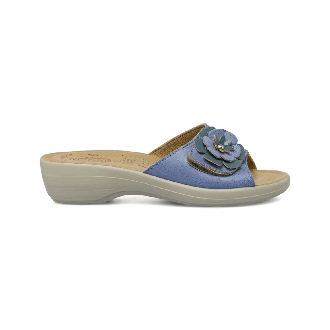 Ciabatte a fascia Azzurre da Donna in pelle con fiore Fly Flot