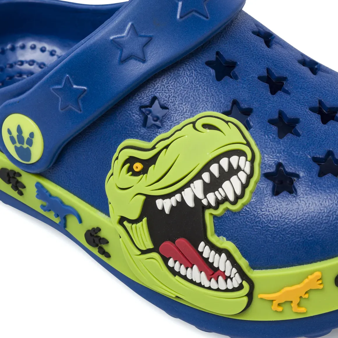 Ciabatte a sabot blu da Bambino con T-Rex e fori a stella Dinosauri