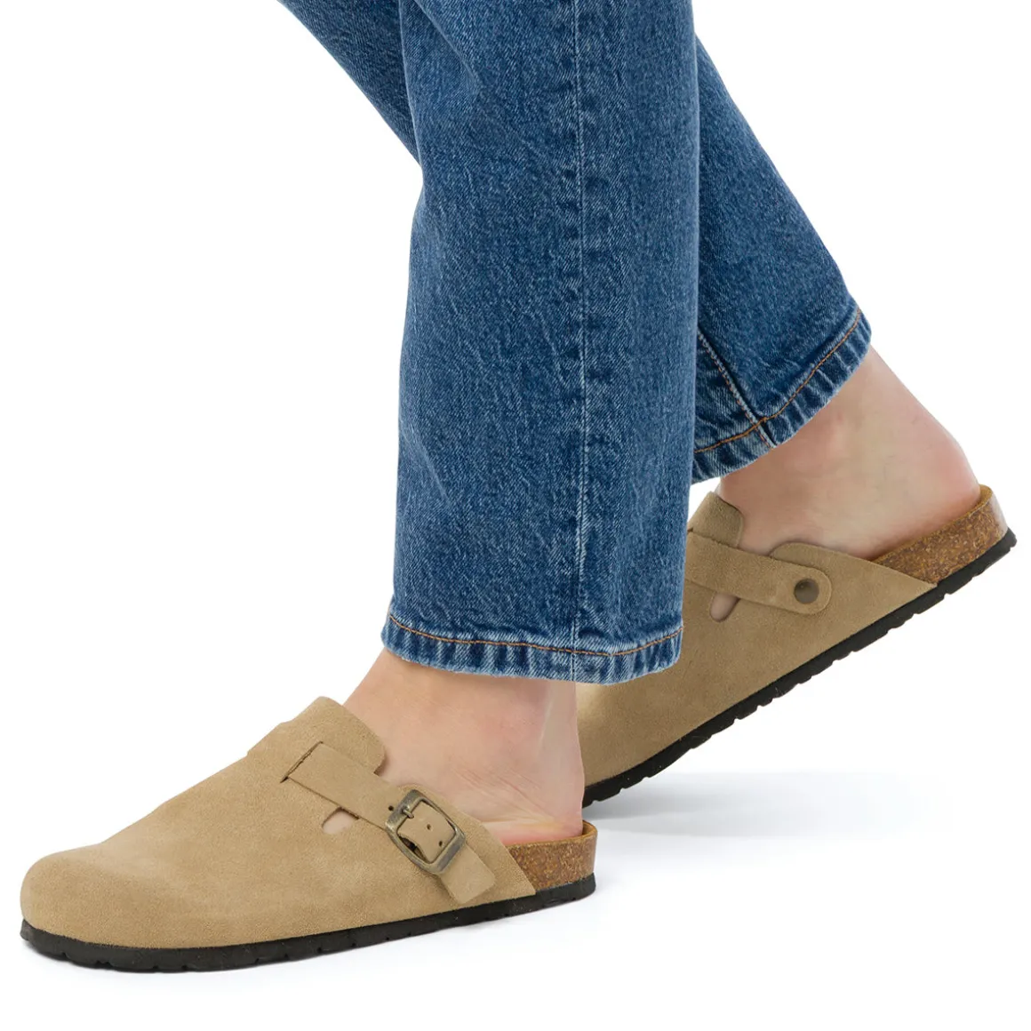 Ciabatte Sabot beige da Donna in pelle effetto scamosciato e suola in sughero Tè Verde