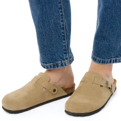 Ciabatte Sabot beige da Donna in pelle effetto scamosciato e suola in sughero Tè Verde