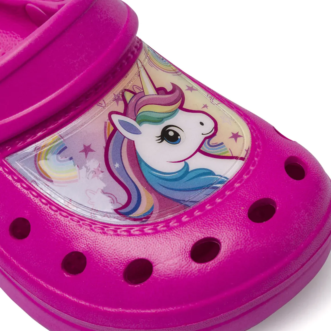 Ciabatte sabot fucsia da Bambina con patch e fori Unicorno