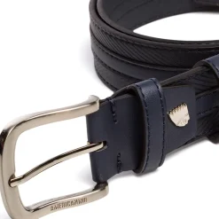 Cintura da Uomo Blu con Cuciture Decorative e Fibbia in Metallo Americanino