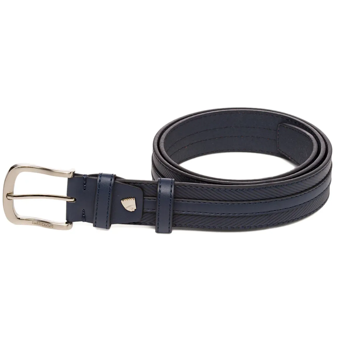 Cintura da Uomo Blu con Cuciture Decorative e Fibbia in Metallo Americanino