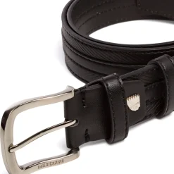 Cintura da Uomo Nera con Cuciture Decorative e Fibbia in Metallo Americanino