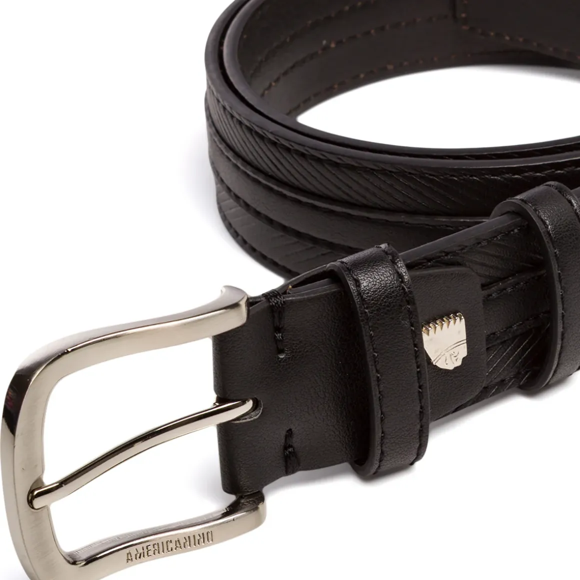 Cintura da Uomo Nera con Cuciture Decorative e Fibbia in Metallo Americanino