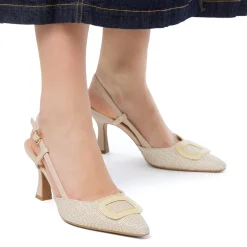 Décolleté slingback beige effetto rafia da Donna con fibbia e tacco 7,5 cm Swish Jeans