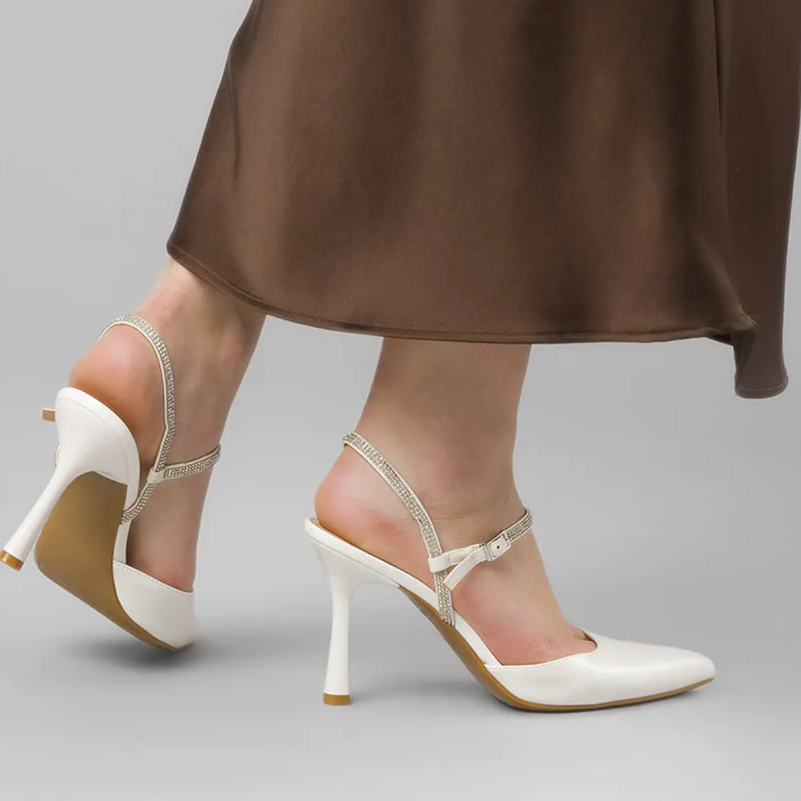 Décolleté slingback Donna Lora Ferres bianche con strass e tacco 9,5