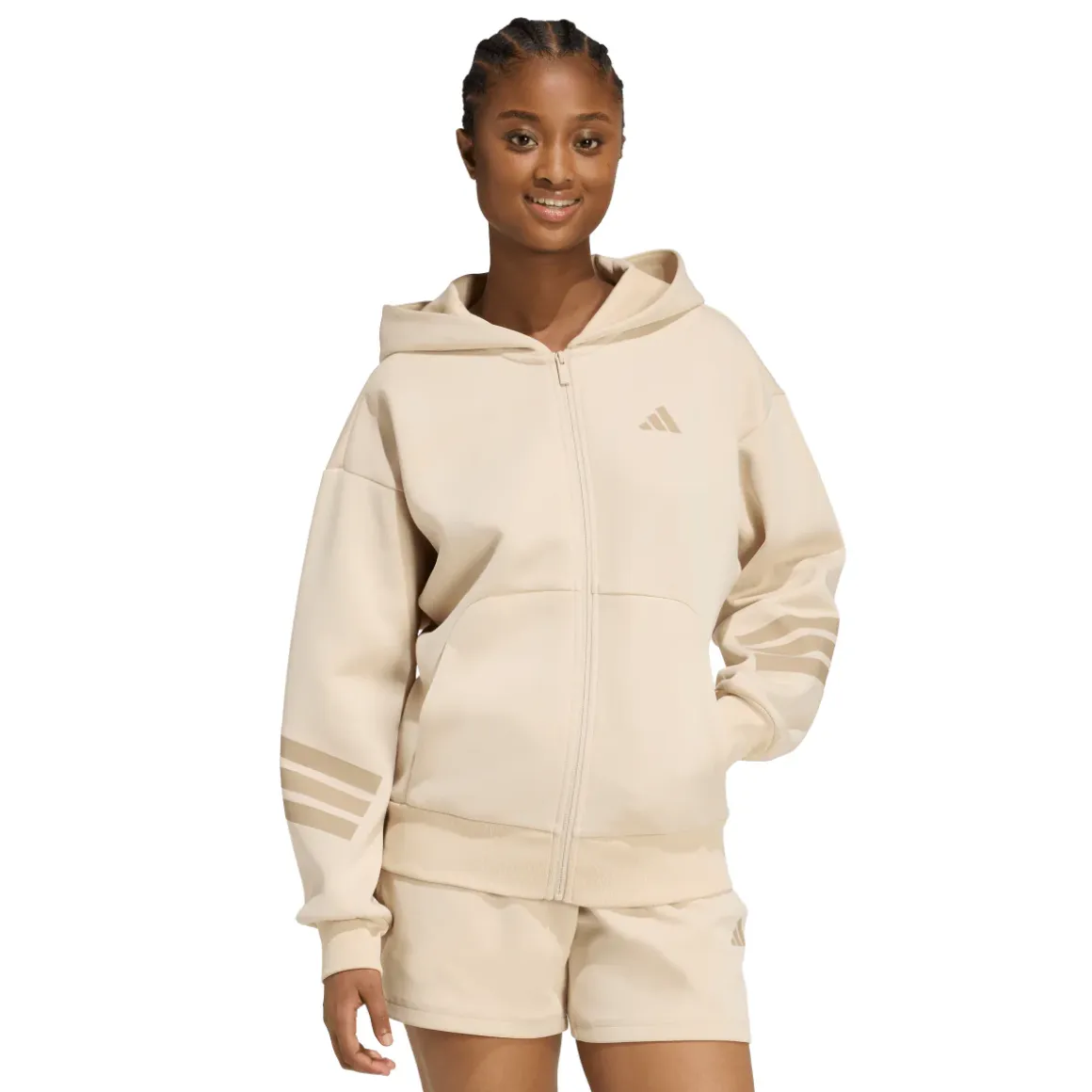 Felpa beige da Donna con cappuccio e iconiche 3 strisce adidas