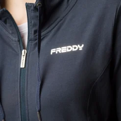 Felpa blu collo alto e zip da donna con logo argento Freddy