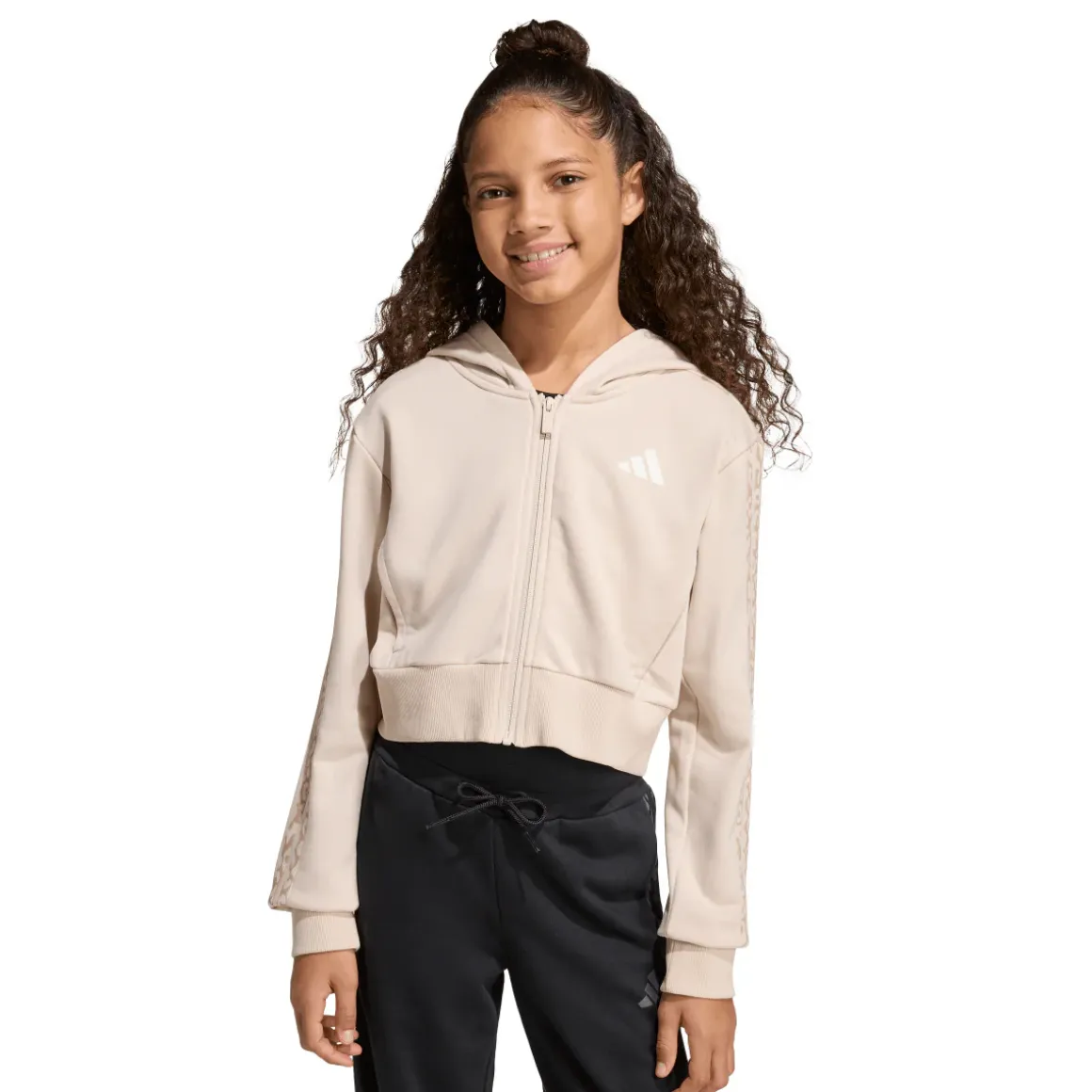 Felpa da bambina e ragazza beige adidas con cappuccio e inserti leopardati