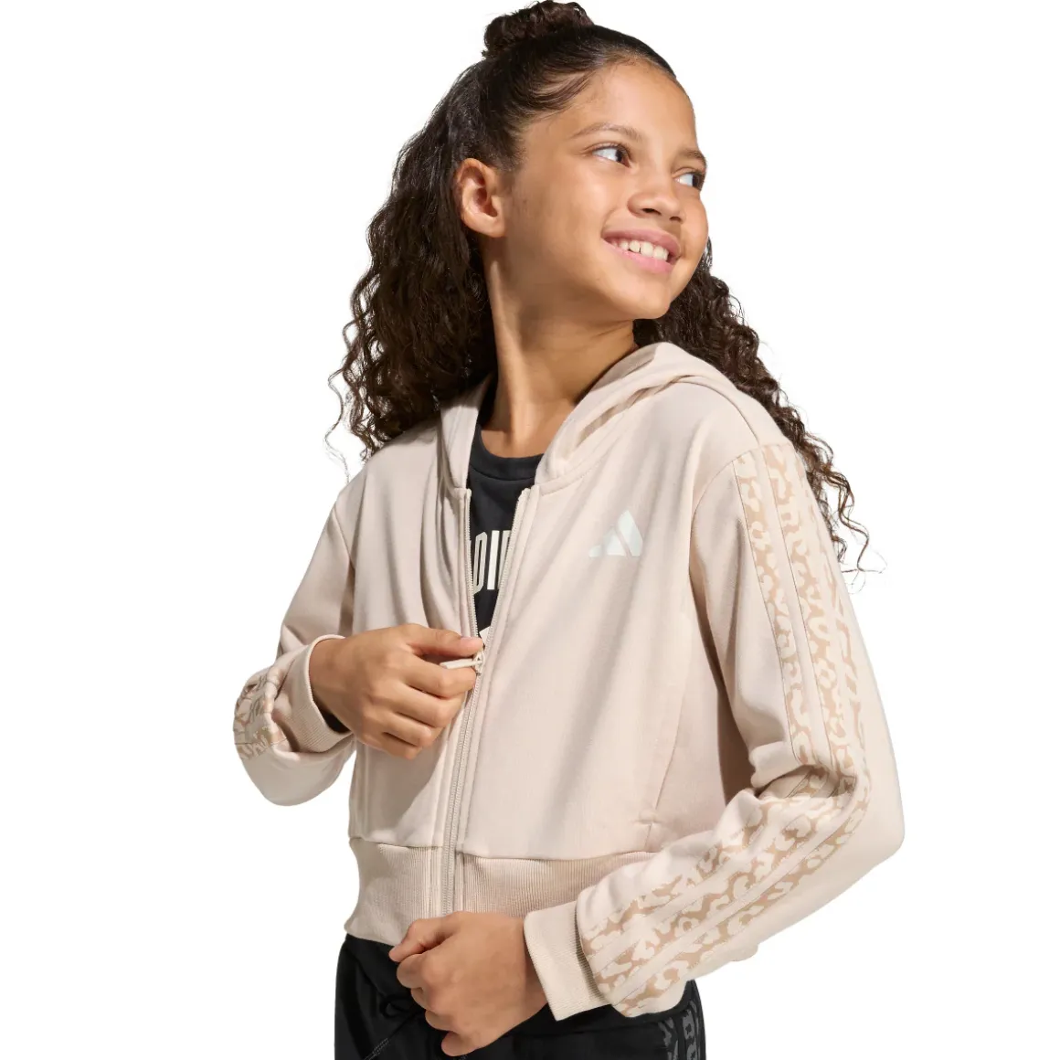 Felpa da bambina e ragazza beige adidas con cappuccio e inserti leopardati