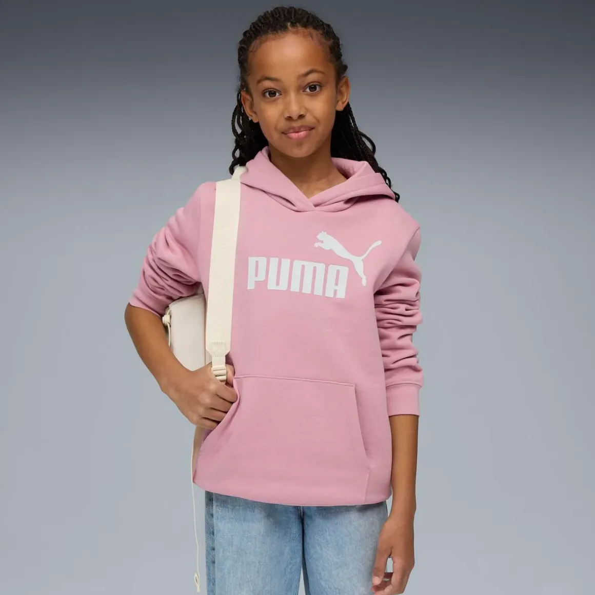 Felpa da bambina rosa con cappuccio e grande logo bianco Puma Essentials