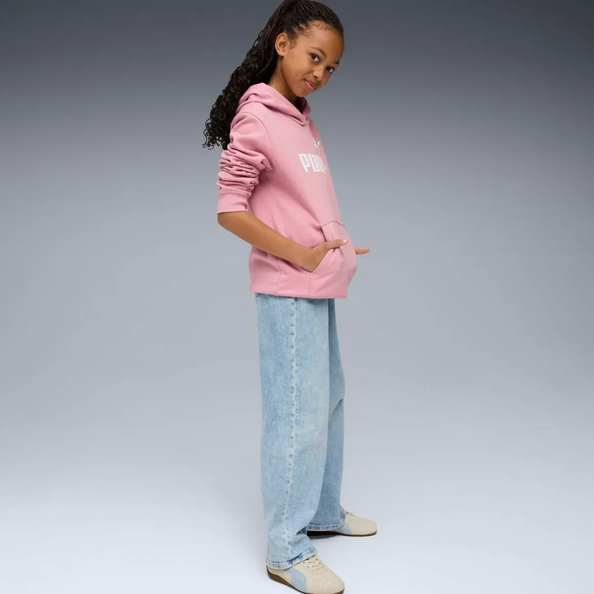 Felpa da bambina rosa con cappuccio e grande logo bianco Puma Essentials