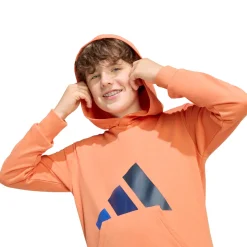 Felpa da bambino arancione con cappuccio e grande logo blu adidas