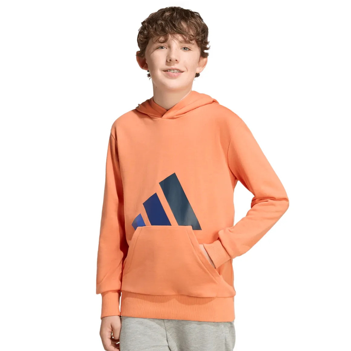 Felpa da bambino arancione con cappuccio e grande logo blu adidas