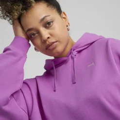 Felpa da donna violetta in cotone con logo bianco e cappuccio Puma