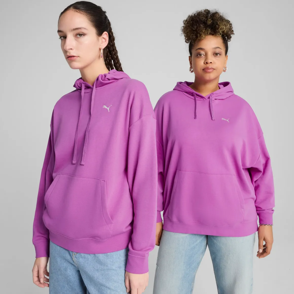 Felpa da donna violetta in cotone con logo bianco e cappuccio Puma