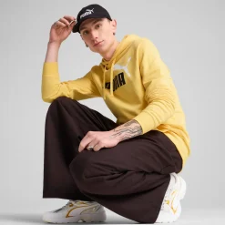 Felpa da uomo gialla in cotone con cappuccio e logo a contrasto Puma