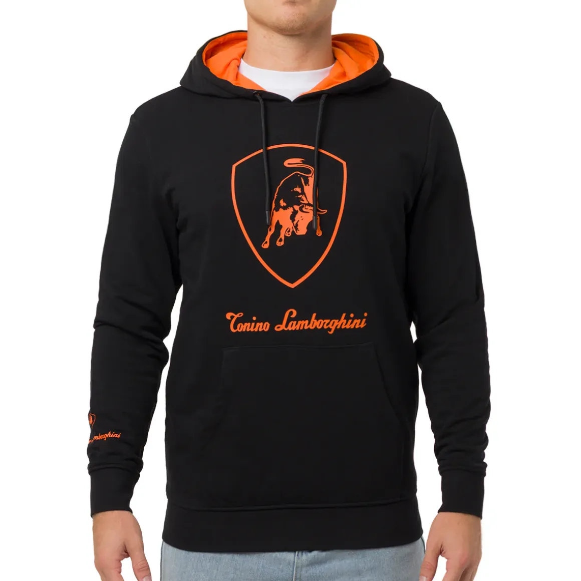 Felpa nera da Uomo con cappuccio e logo arancione Tonino Lamborghini