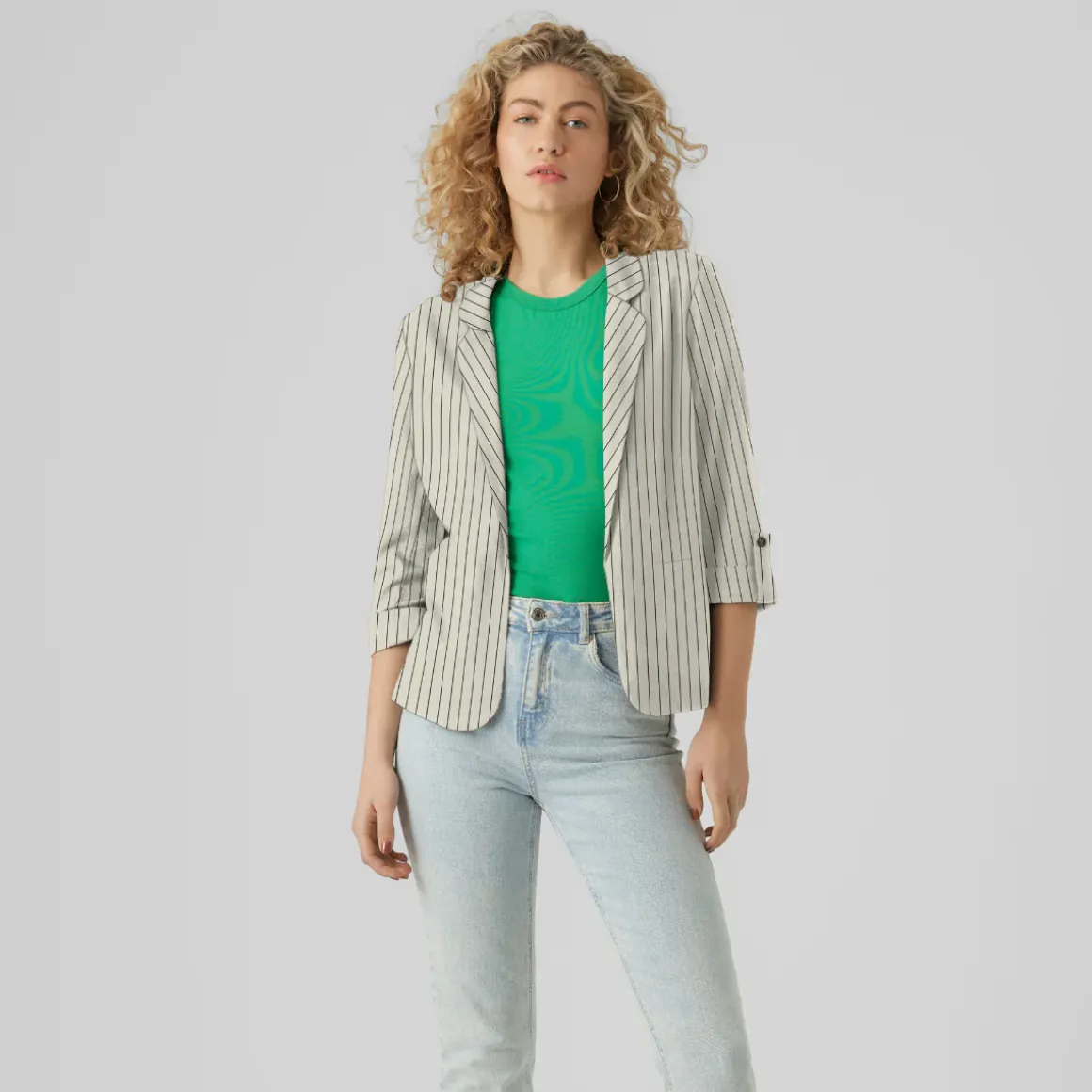 Giacca Blazer beige a righe Donna con maniche a tre quarti Vero Moda