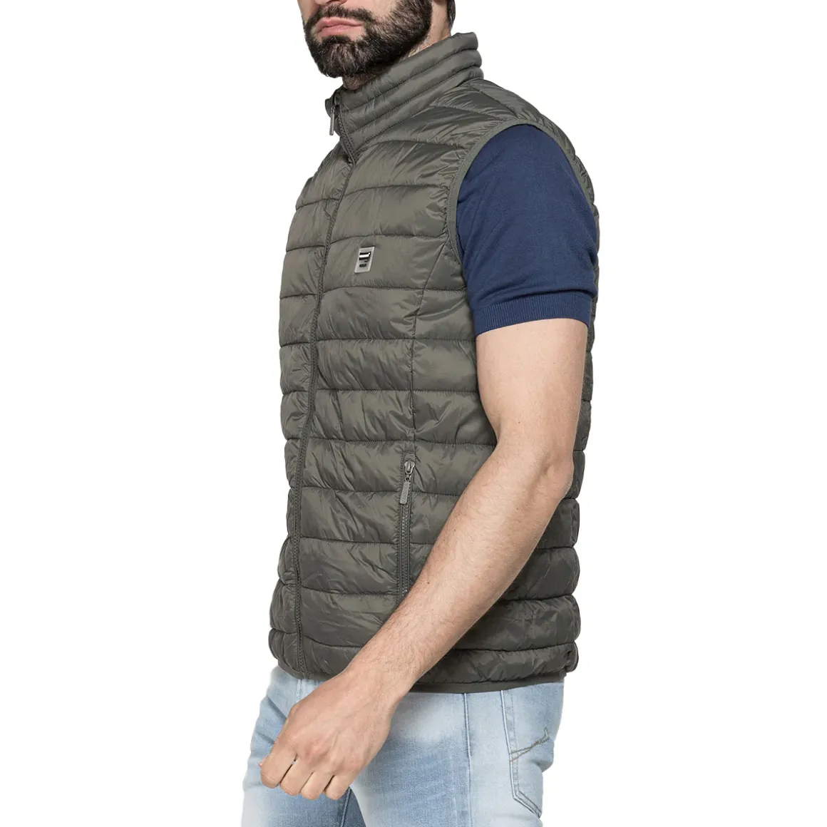 Gilet trapuntato da Uomo verde khaki con chiusura zip Carrera Jeans