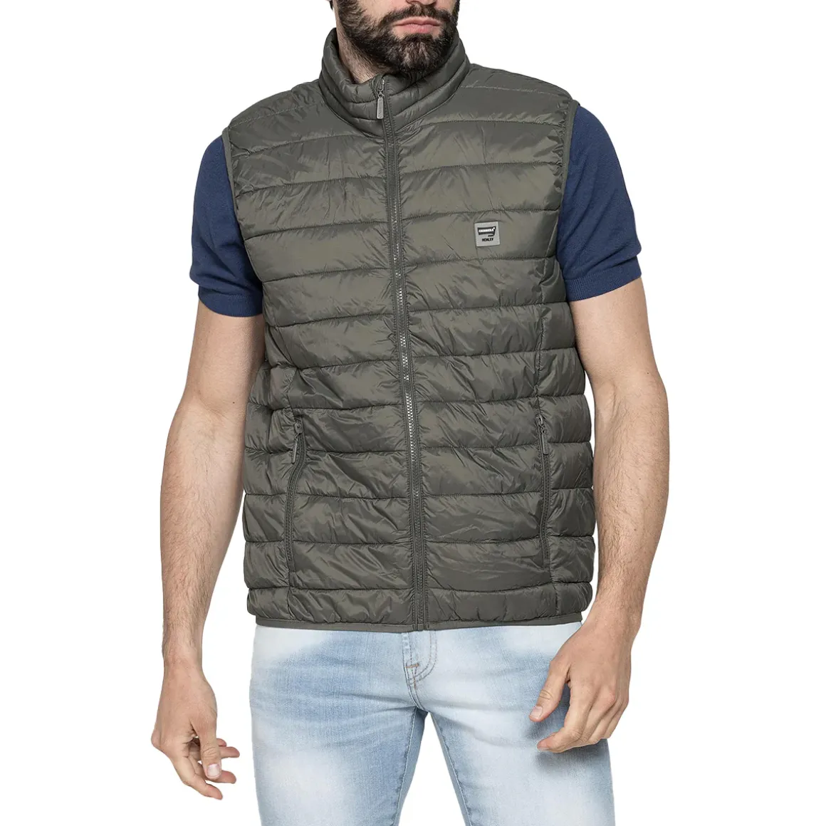 Gilet trapuntato da Uomo verde khaki con chiusura zip Carrera Jeans
