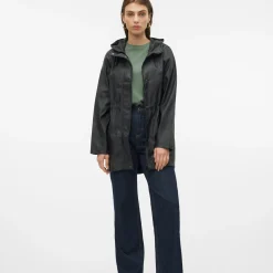 Impermeabile Nero Donna con cappuccio e coulisse in vita Vero Moda