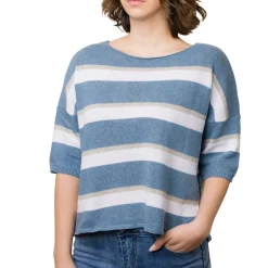 Maglia cropped da Donna a righe Blu con manica a tre quarti Swish Jeans