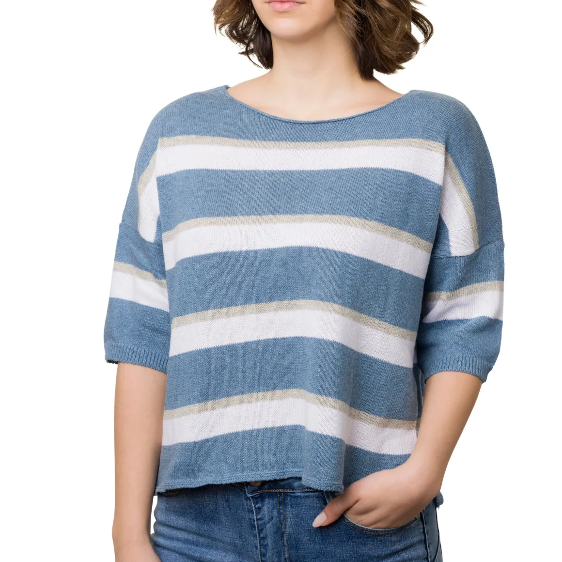 Maglia cropped da Donna a righe Blu con manica a tre quarti Swish Jeans