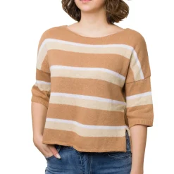 Maglia cropped da Donna a righe Beige con manica a tre quarti Swish Jeans