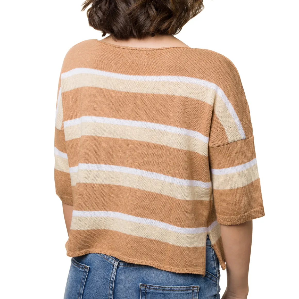 Maglia cropped da Donna a righe Beige con manica a tre quarti Swish Jeans