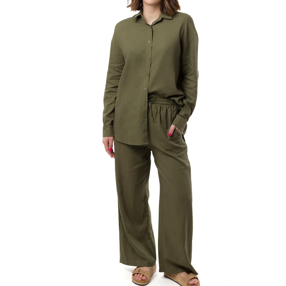 Pantaloni a Campana Verdi da Donna in Misto Lino con Coulisse Swish Jeans