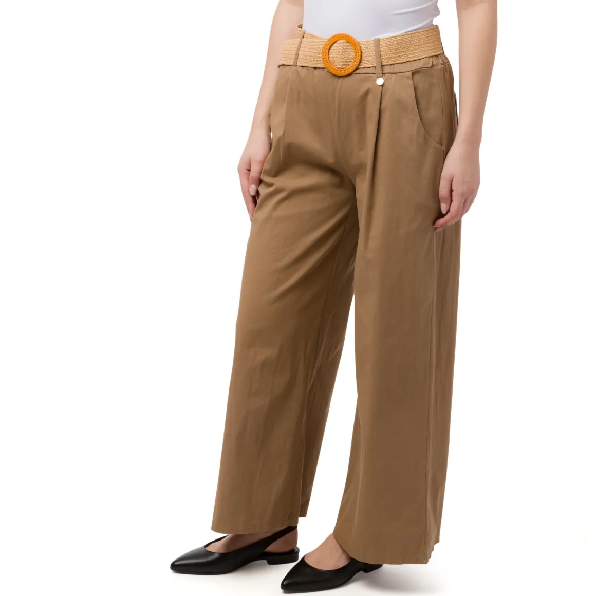 Pantaloni beige da Donna in cotone con cintura effetto rafia Swish Jeans
