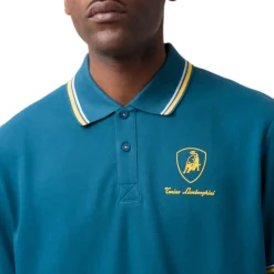 Polo da uomo blu ottanio con dettagli giallo e logo Tonino Lamborghini