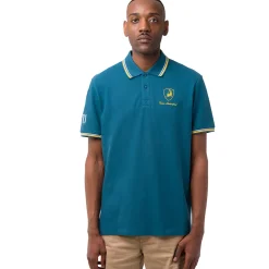 Polo da uomo blu ottanio con dettagli giallo e logo Tonino Lamborghini