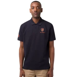 Polo da uomo blu scuro con dettagli arancione e logo Tonino Lamborghini