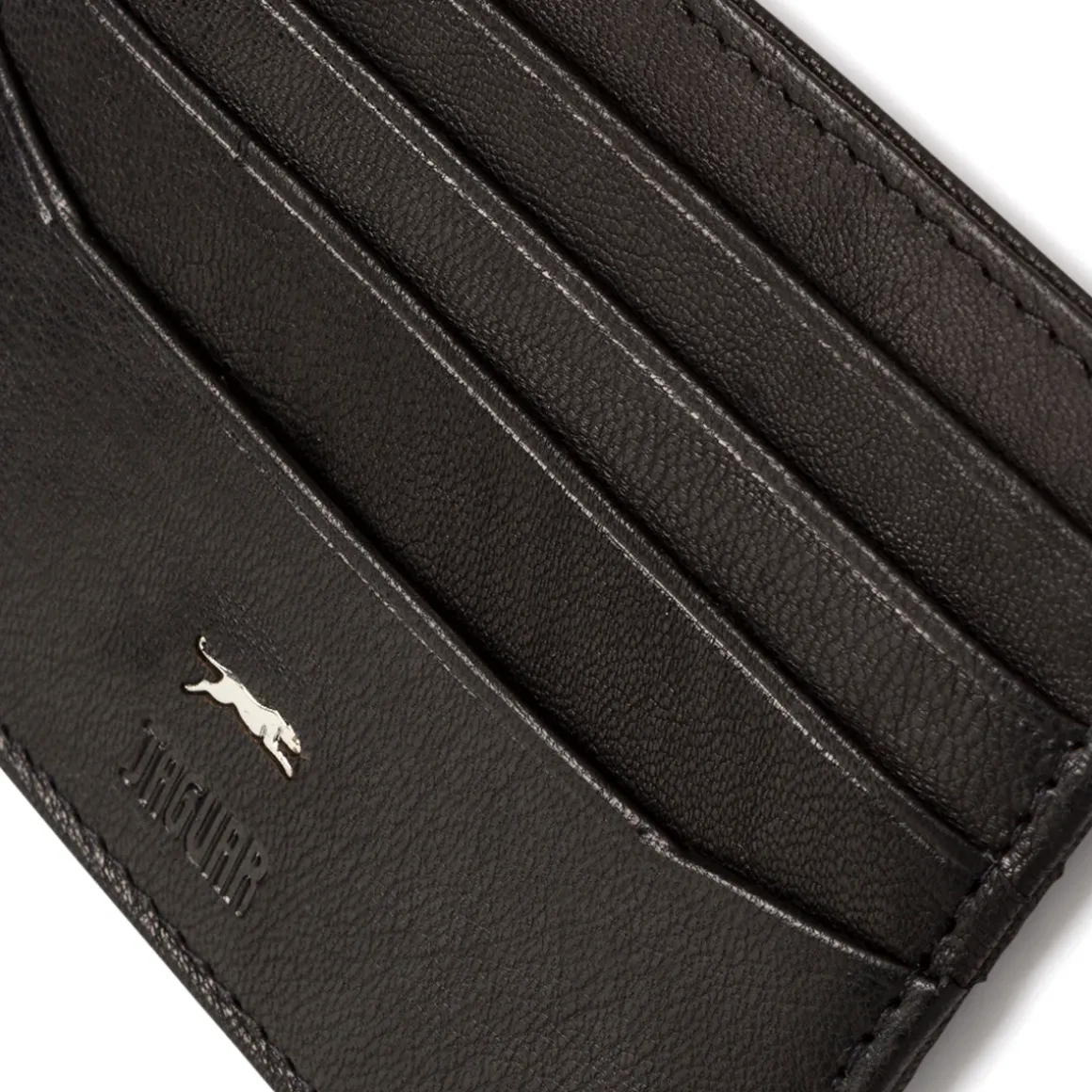 Portacarte da uomo nero in pelle con logo metallico Jaguar