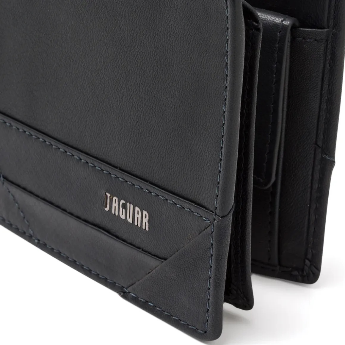 Portafoglio da uomo blu in pelle con cuciture e logo frontale Jaguar
