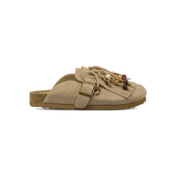 Sabot da Donna khaki effetto suede con frange e perline Primopiano