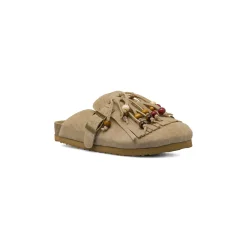 Sabot da Donna khaki effetto suede con frange e perline Primopiano